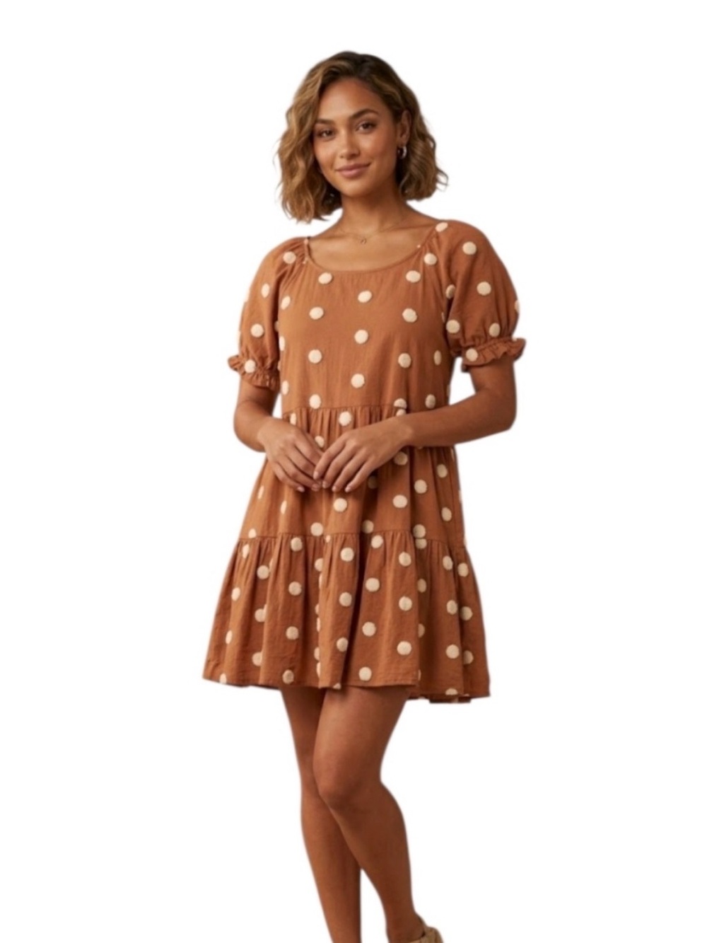 bohme Brown Polka Dot Tiered Puff Sleeve Mini Dress